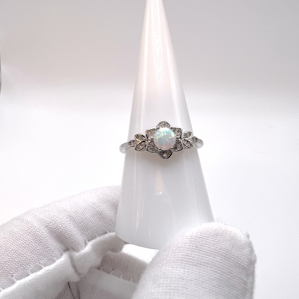 .925 Sterling Silver Lab Created White Opal Floral Ring - Picture 6 of 16
